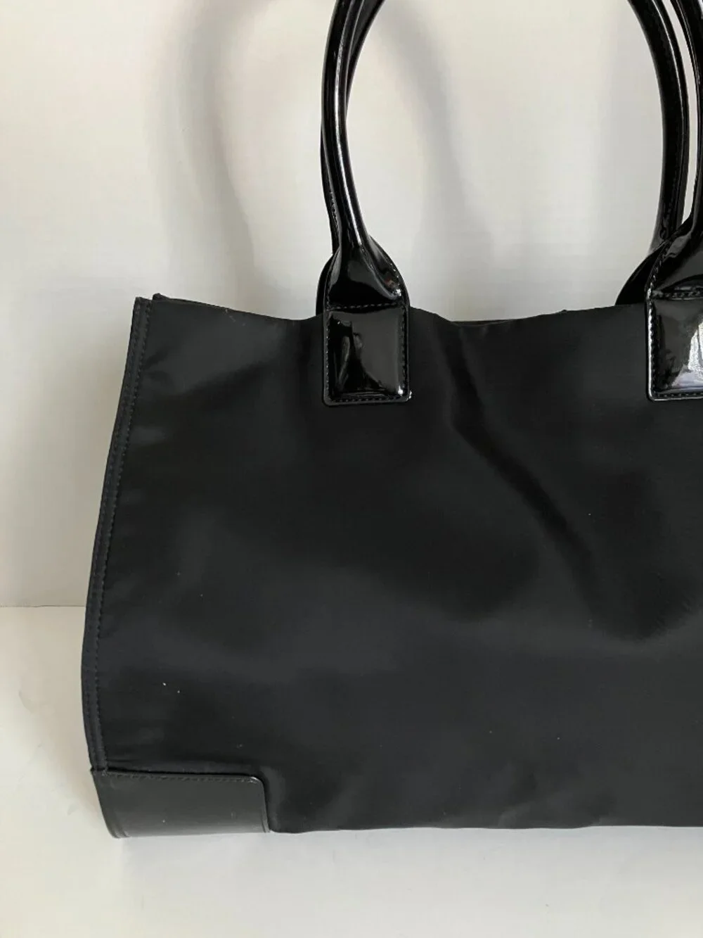 Tory Burch Black Ella Patent-Trim Nylon Tote Purse Large.